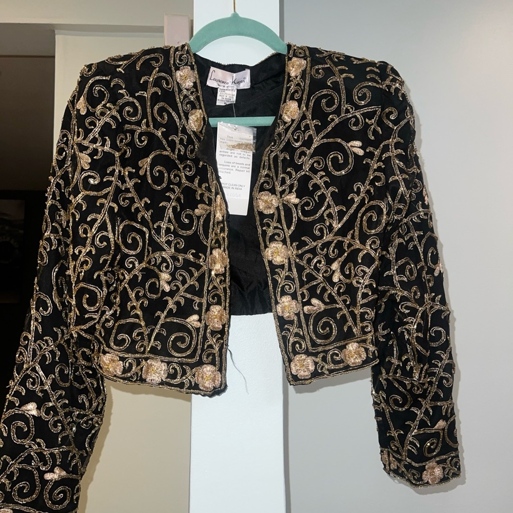 NWT  80s Laurence Kazar NY Vtg Glamour Gold Black Embroidered Jacket Silk Sz PL